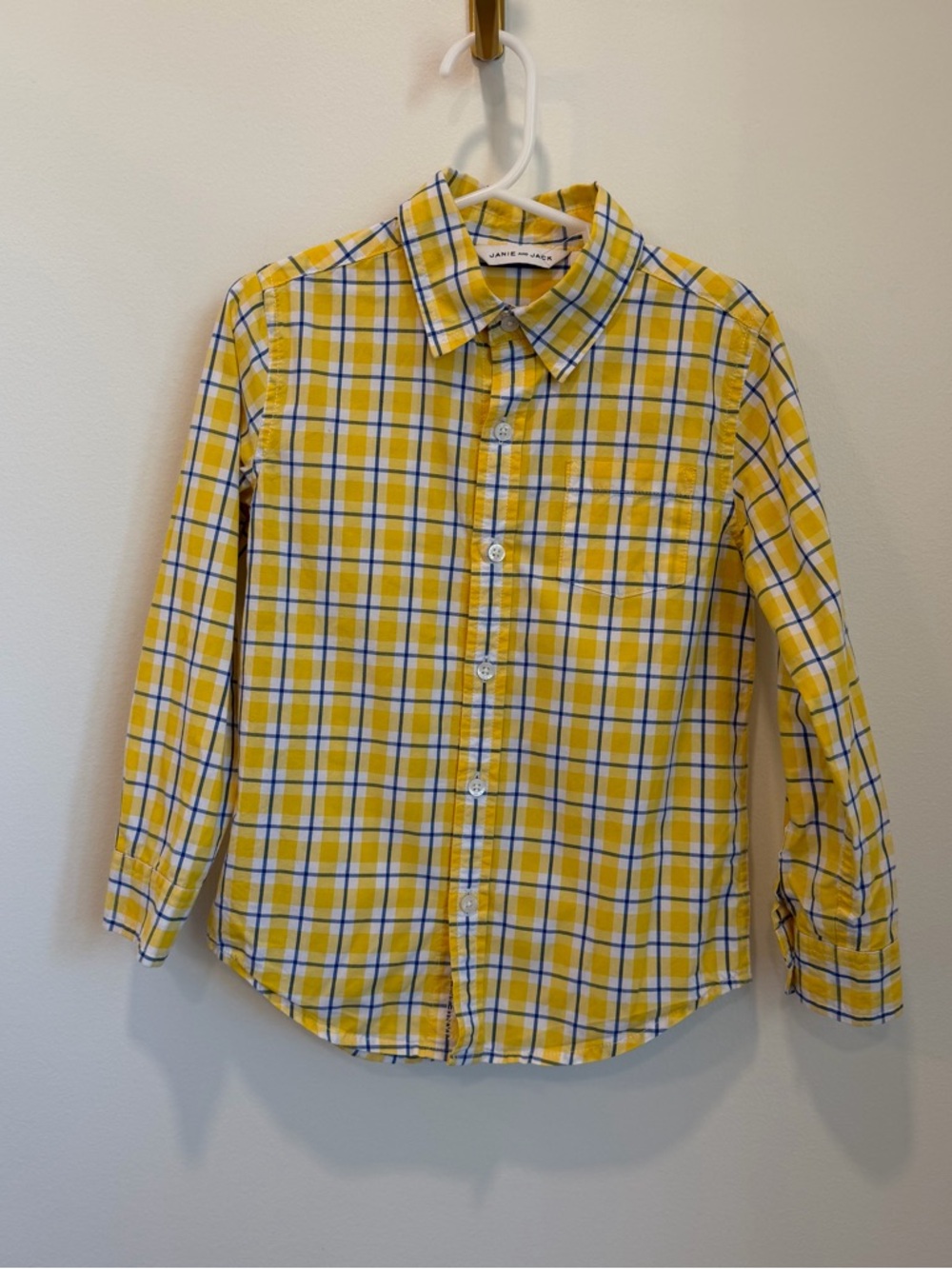 Janie And Jack Boy Small 5 Button Up Shirt Yellow Plaid Roll Sleeve Window Pane